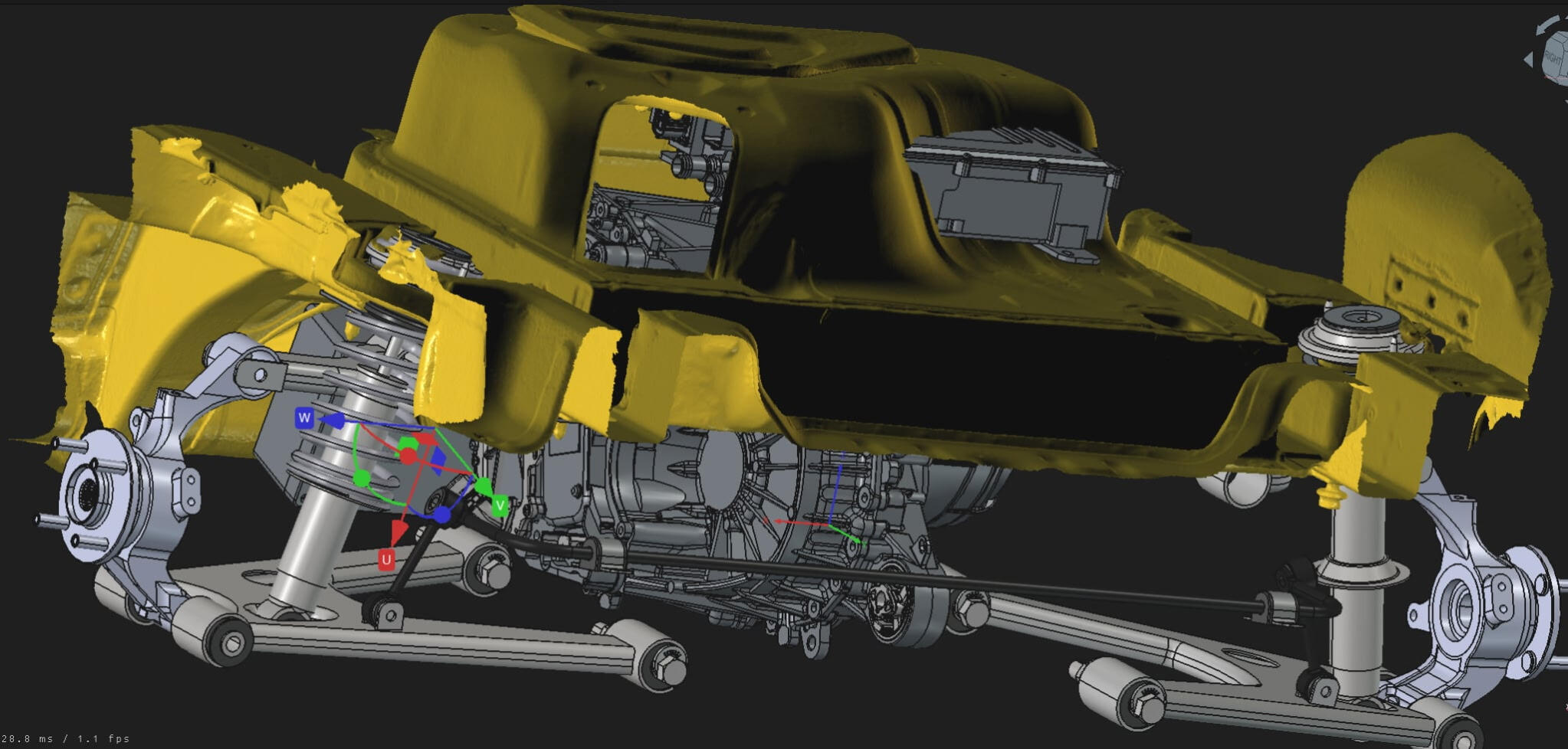 Mazda Miata scan checking fitment of an electric motor and suspension elements